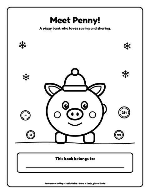 Sample coloring page 2 from the Fernbrook Valley Community Credit Union demo book: mascot intro. Fictional business.