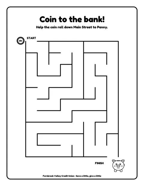 Sample activity page 4 from the Fernbrook Valley Community Credit Union demo book: maze, coin rolls to Penny. Fictional business.