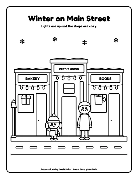 Sample coloring page 5 from the Fernbrook Valley Community Credit Union demo book: winter Main Street with lights. Fictional business.