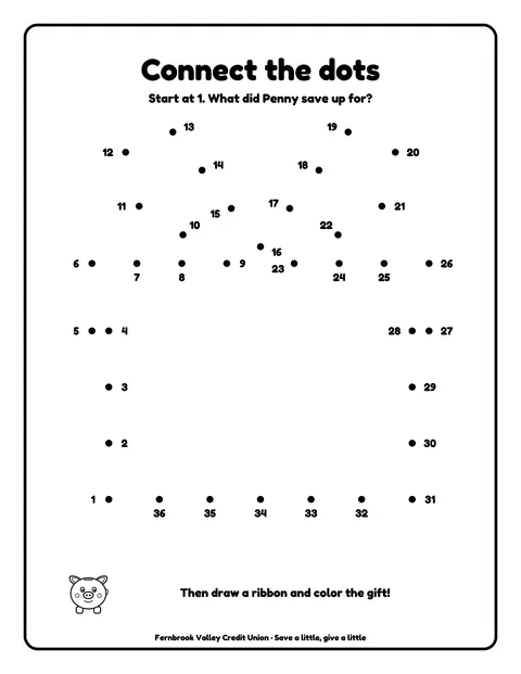 Sample activity page 6 from the Fernbrook Valley Community Credit Union demo book: connect-the-dots gift box with bow. Fictional business.