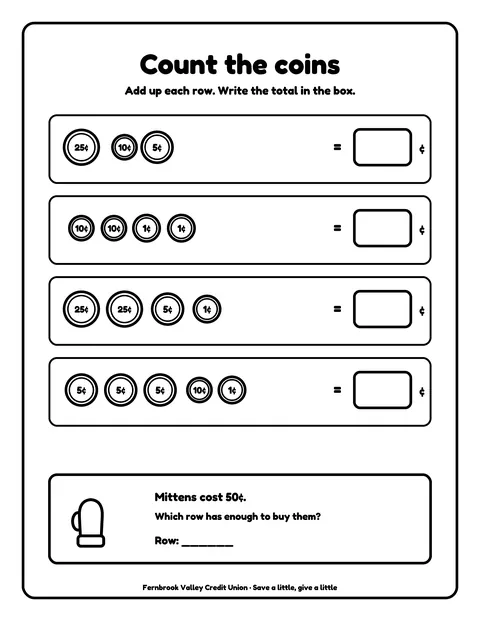 Sample activity page 8 from the Fernbrook Valley Community Credit Union demo book: coin counting. Fictional business.