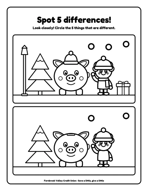 Sample activity page 9 from the Fernbrook Valley Community Credit Union demo book: spot 5 differences. Fictional business.