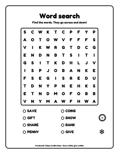 Sample activity page 10 from the Fernbrook Valley Community Credit Union demo book: 10x10 word search. Fictional business.