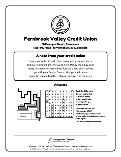 Sample back cover page 12 from the Fernbrook Valley Community Credit Union demo book: client logo, contact placeholders, note, answer keys, studio credit. Fictional business.