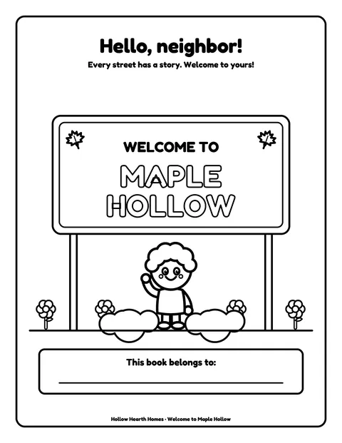 Sample coloring page 2 from the Color Your Neighborhood: Maple Hollow demo book: welcome sign + 'This book belongs to'. Fictional business.