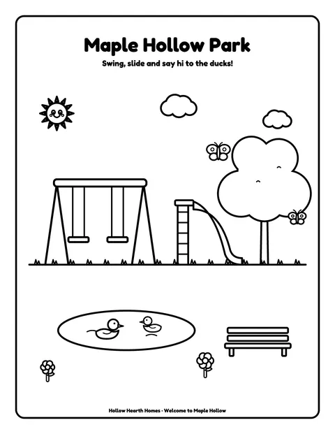 Sample coloring page 3 from the Color Your Neighborhood: Maple Hollow demo book: neighborhood park. Fictional business.
