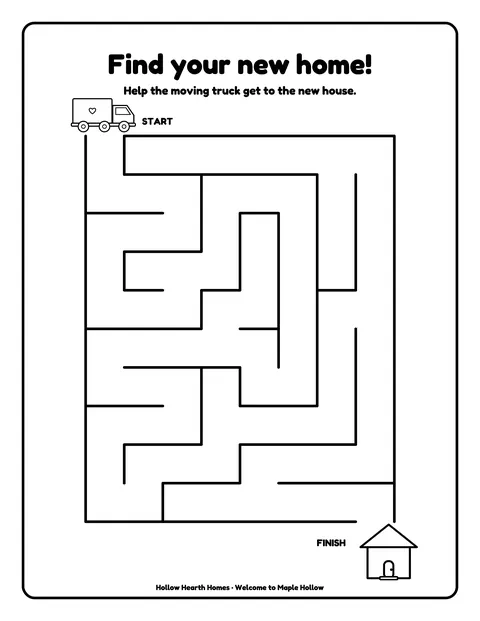 Sample activity page 4 from the Color Your Neighborhood: Maple Hollow demo book: maze, moving truck to new home. Fictional business.