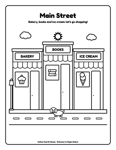 Sample coloring page 5 from the Color Your Neighborhood: Maple Hollow demo book: Main Street shops. Fictional business.