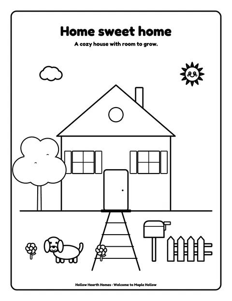 Sample coloring page 7 from the Color Your Neighborhood: Maple Hollow demo book: house with yard, fence, dog, mailbox. Fictional business.