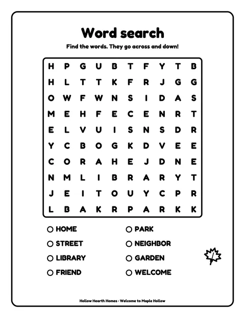 Sample activity page 8 from the Color Your Neighborhood: Maple Hollow demo book: 10x10 word search. Fictional business.