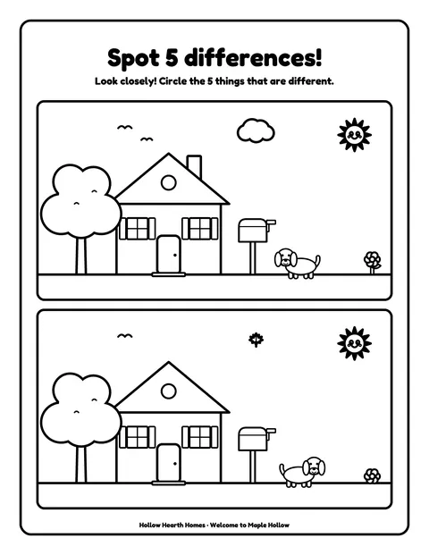 Sample activity page 9 from the Color Your Neighborhood: Maple Hollow demo book: spot 5 differences. Fictional business.