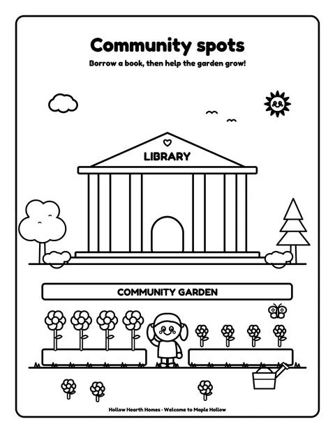 Sample coloring page 10 from the Color Your Neighborhood: Maple Hollow demo book: library + community garden. Fictional business.