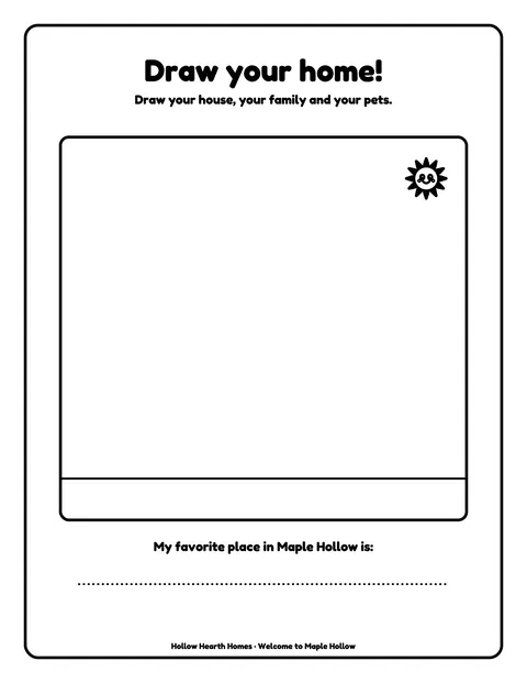 Sample activity page 11 from the Color Your Neighborhood: Maple Hollow demo book: draw-your-own home + writing prompt. Fictional business.