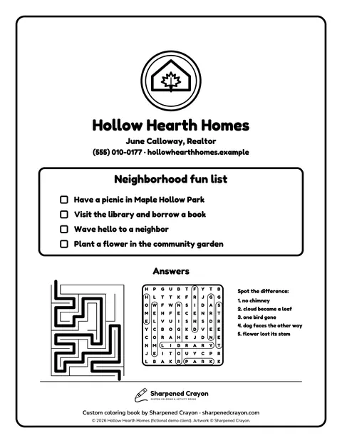 Sample back cover page 12 from the Color Your Neighborhood: Maple Hollow demo book: realtor logo/contact placeholder, fun list, answers, studio credit. Fictional business.