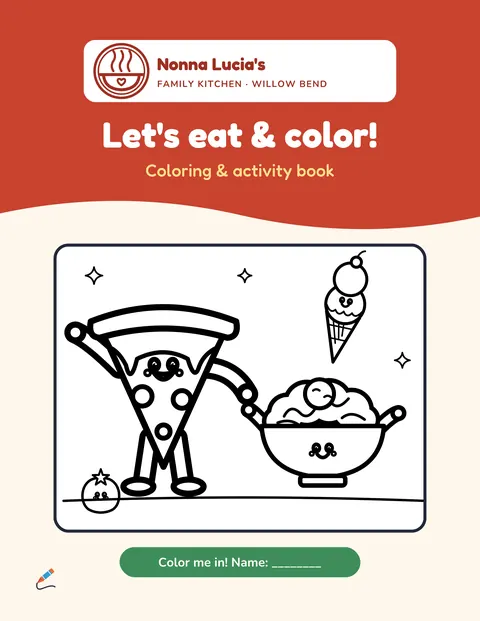 Cover of the sample book “Let’s eat & color!” for Nonna Lucia’s Family Kitchen: a red band with the restaurant logo and cartoon pizza and pasta characters. Fictional business.