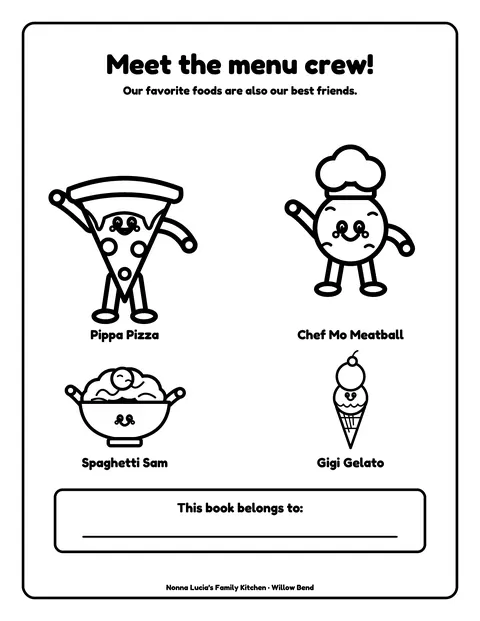 Sample coloring page 2 from the Nonna Lucia’s Family Kitchen demo book: meet the menu-item characters + 'This book belongs to'. Fictional business.