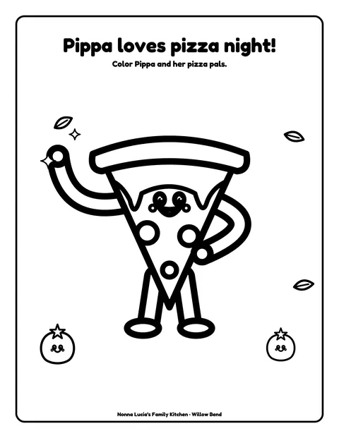 Sample coloring page 3 from the Nonna Lucia’s Family Kitchen demo book: big Pippa Pizza character. Fictional business.
