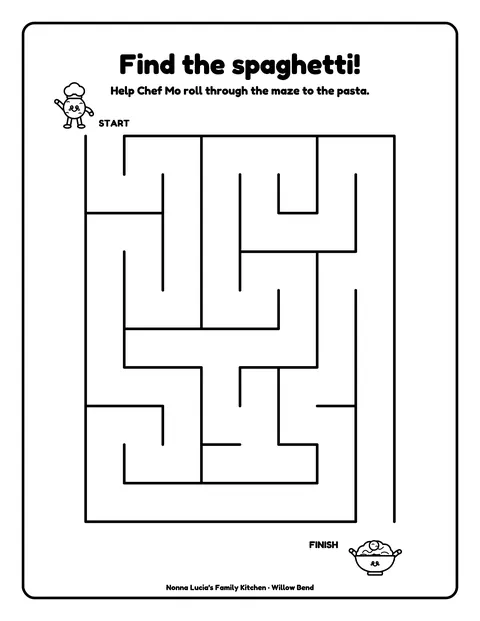 Sample activity page 4 from the Nonna Lucia’s Family Kitchen demo book: maze, meatball to spaghetti. Fictional business.