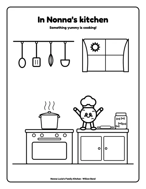 Sample coloring page 5 from the Nonna Lucia’s Family Kitchen demo book: Nonna's kitchen. Fictional business.