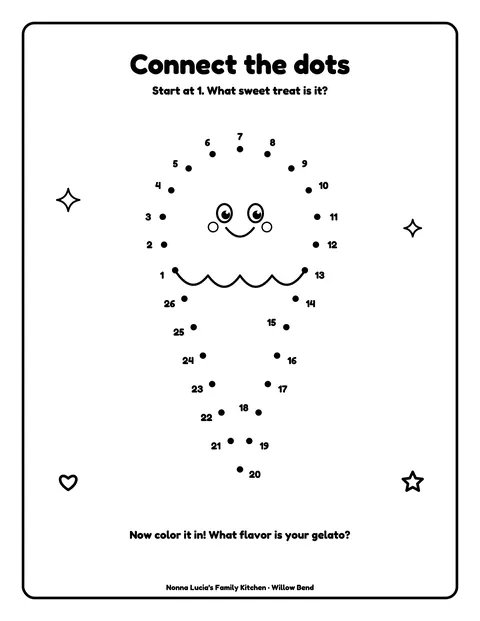 Sample activity page 6 from the Nonna Lucia’s Family Kitchen demo book: connect-the-dots gelato cone. Fictional business.