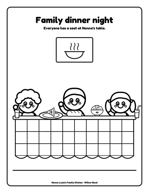 Sample coloring page 7 from the Nonna Lucia’s Family Kitchen demo book: family dinner table. Fictional business.