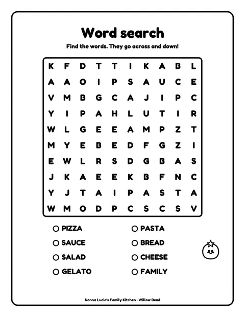 Sample activity page 8 from the Nonna Lucia’s Family Kitchen demo book: 10x10 word search. Fictional business.
