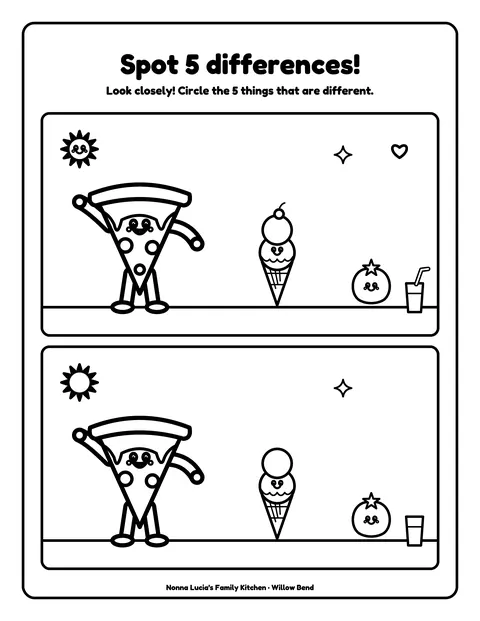 Sample activity page 9 from the Nonna Lucia’s Family Kitchen demo book: spot 5 differences. Fictional business.