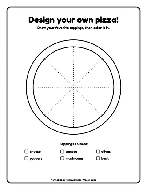 Sample activity (kids' menu) page 10 from the Nonna Lucia’s Family Kitchen demo book: design-your-own pizza. Fictional business.