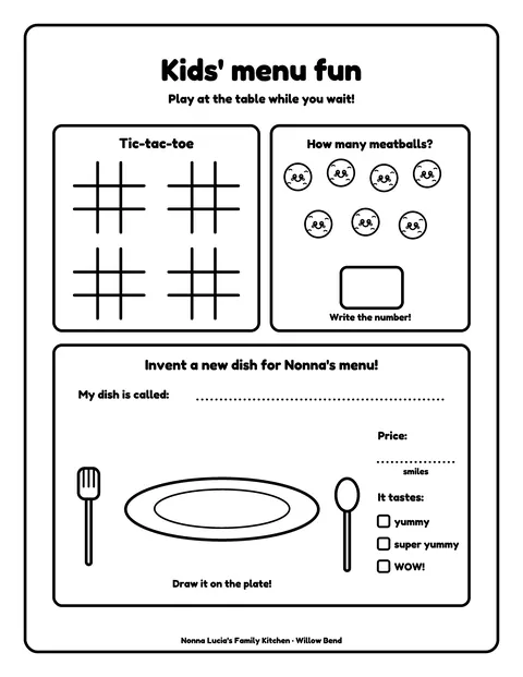 Sample activity (kids' menu) page 11 from the Nonna Lucia’s Family Kitchen demo book: tic-tac-toe, counting, invent-a-dish drawing. Fictional business.