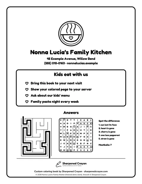 Sample back cover page 12 from the Nonna Lucia’s Family Kitchen demo book: client logo/contact placeholder, kids' info, answers, studio credit. Fictional business.