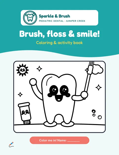 Cover of the sample book “Brush, floss & smile!” for Sparkle & Brush Pediatric Dental: a teal band with the practice logo and a smiling cartoon tooth holding a toothbrush. Fictional business.