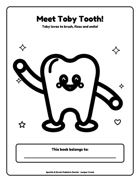 Sample coloring page 2 from the Sparkle & Brush Pediatric Dental demo book: mascot intro + 'This book belongs to'. Fictional business.