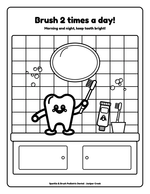 Sample coloring page 3 from the Sparkle & Brush Pediatric Dental demo book: brushing at the bathroom sink. Fictional business.