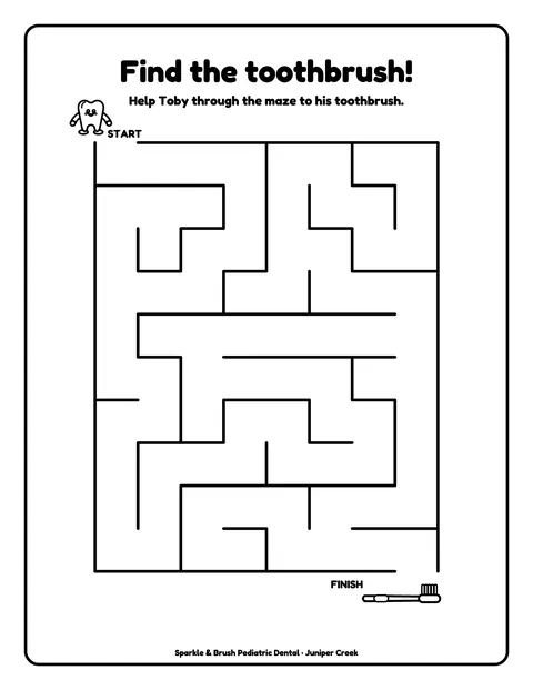 Sample activity page 4 from the Sparkle & Brush Pediatric Dental demo book: maze. Fictional business.