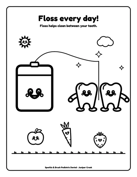 Sample coloring page 5 from the Sparkle & Brush Pediatric Dental demo book: floss character & teeth. Fictional business.