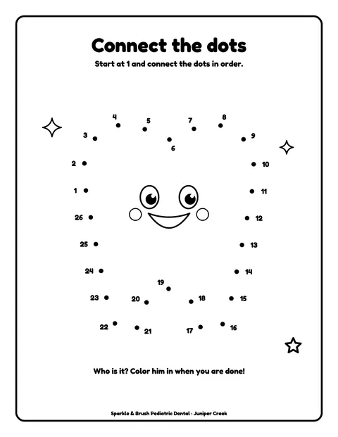 Sample activity page 6 from the Sparkle & Brush Pediatric Dental demo book: connect-the-dots tooth. Fictional business.