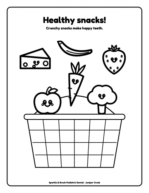 Sample coloring page 7 from the Sparkle & Brush Pediatric Dental demo book: healthy snack characters in basket. Fictional business.