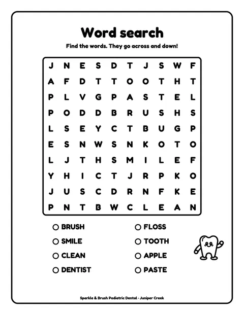 Sample activity page 8 from the Sparkle & Brush Pediatric Dental demo book: 10x10 word search. Fictional business.