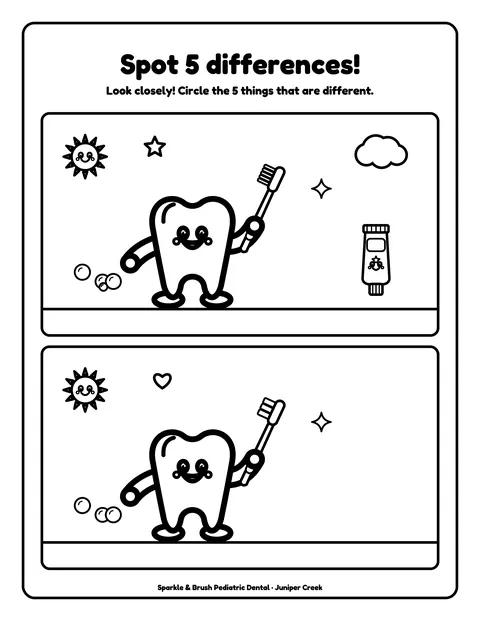 Sample activity page 9 from the Sparkle & Brush Pediatric Dental demo book: spot 5 differences. Fictional business.