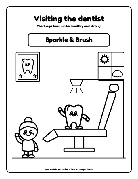 Sample coloring page 10 from the Sparkle & Brush Pediatric Dental demo book: visiting the dentist. Fictional business.