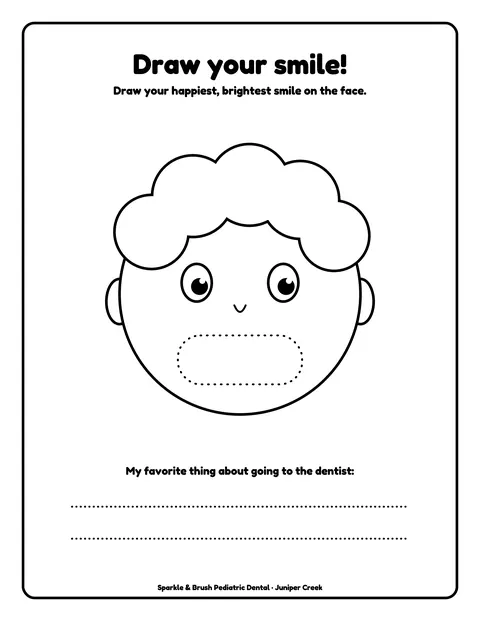 Sample activity page 11 from the Sparkle & Brush Pediatric Dental demo book: draw-your-own smile + writing prompt. Fictional business.