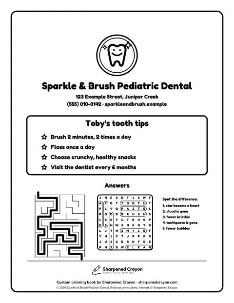 Sample back cover page 12 from the Sparkle & Brush Pediatric Dental demo book: client logo/contact placeholder, tips, answer keys, studio credit. Fictional business.