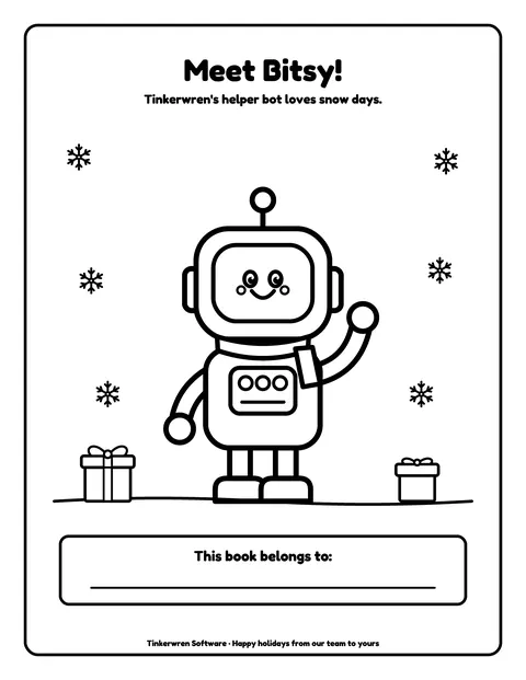 Sample coloring page 2 from the Tinkerwren Software demo book: mascot intro. Fictional business.