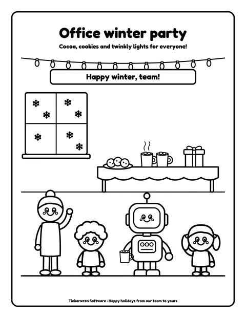 Sample coloring page 3 from the Tinkerwren Software demo book: office winter party. Fictional business.