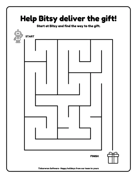 Sample activity page 4 from the Tinkerwren Software demo book: maze, Bitsy delivers a gift. Fictional business.