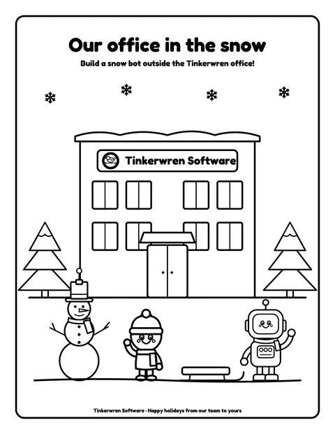 Sample coloring page 5 from the Tinkerwren Software demo book: the office in the snow, snow bot, sled. Fictional business.