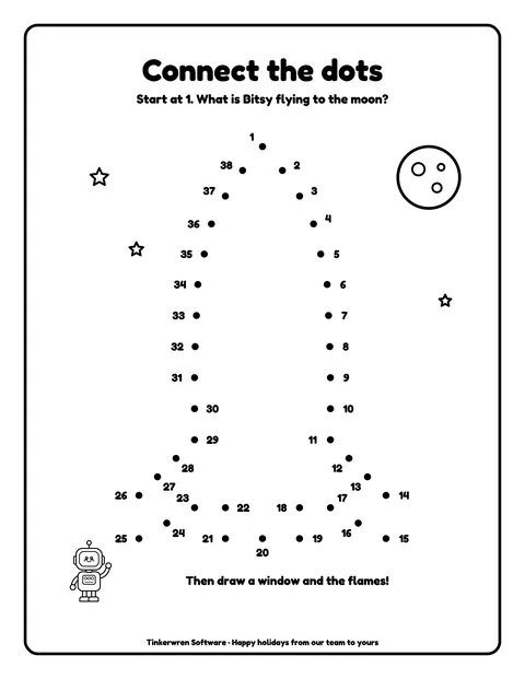 Sample activity page 6 from the Tinkerwren Software demo book: connect-the-dots rocket. Fictional business.