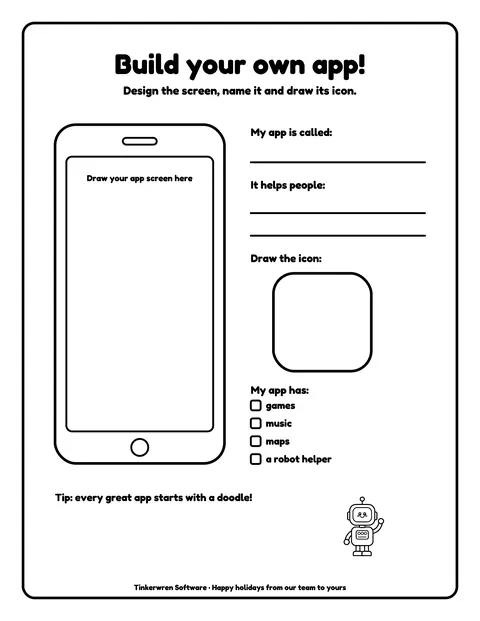 Sample draw-your-own page 7 from the Tinkerwren Software demo book: build your own app. Fictional business.