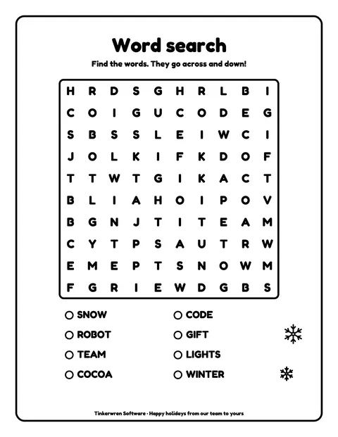 Sample activity page 8 from the Tinkerwren Software demo book: 10x10 word search. Fictional business.