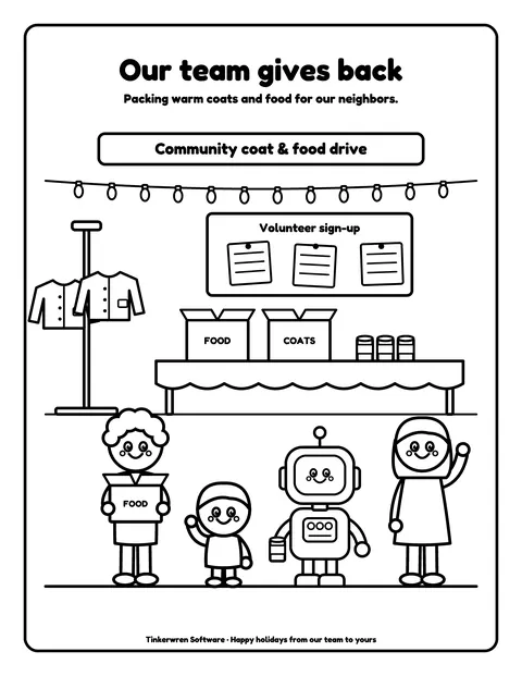 Sample coloring page 10 from the Tinkerwren Software demo book: team volunteering at a coat & food drive. Fictional business.